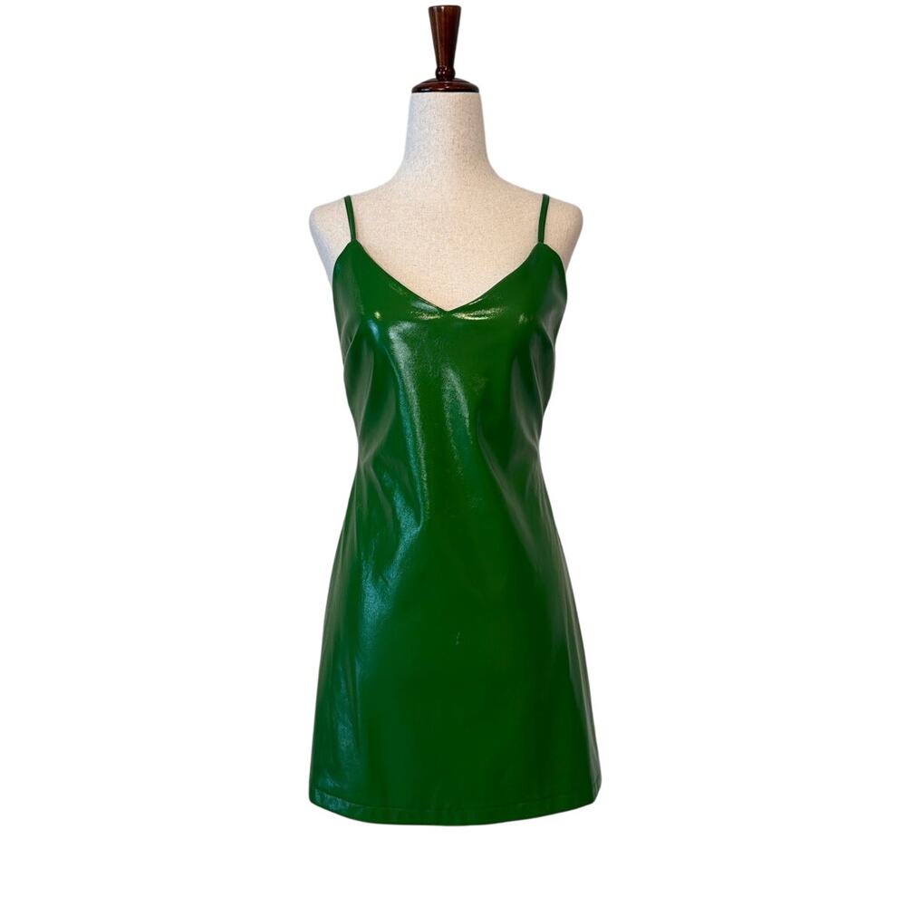 Topshop Green Vinyl Faux Leather Lace-Up Back Mini Dress, US 4